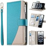 Baifu Handyhülle für Realme Q2 5G, 6 Kartenfächer, Reißverschlusstasche, Handtaschenhülle, PU-Leder, Magnetverschluss, Ständer mit Handschlaufe-Blau-01