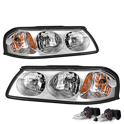 JSBOYAT Headlight Assembly Bulbs Included for 2000-2005 Chevy Impala Headlamp Replacement Passenger and Driver Side, Chrome Housing with Amber Reflector
