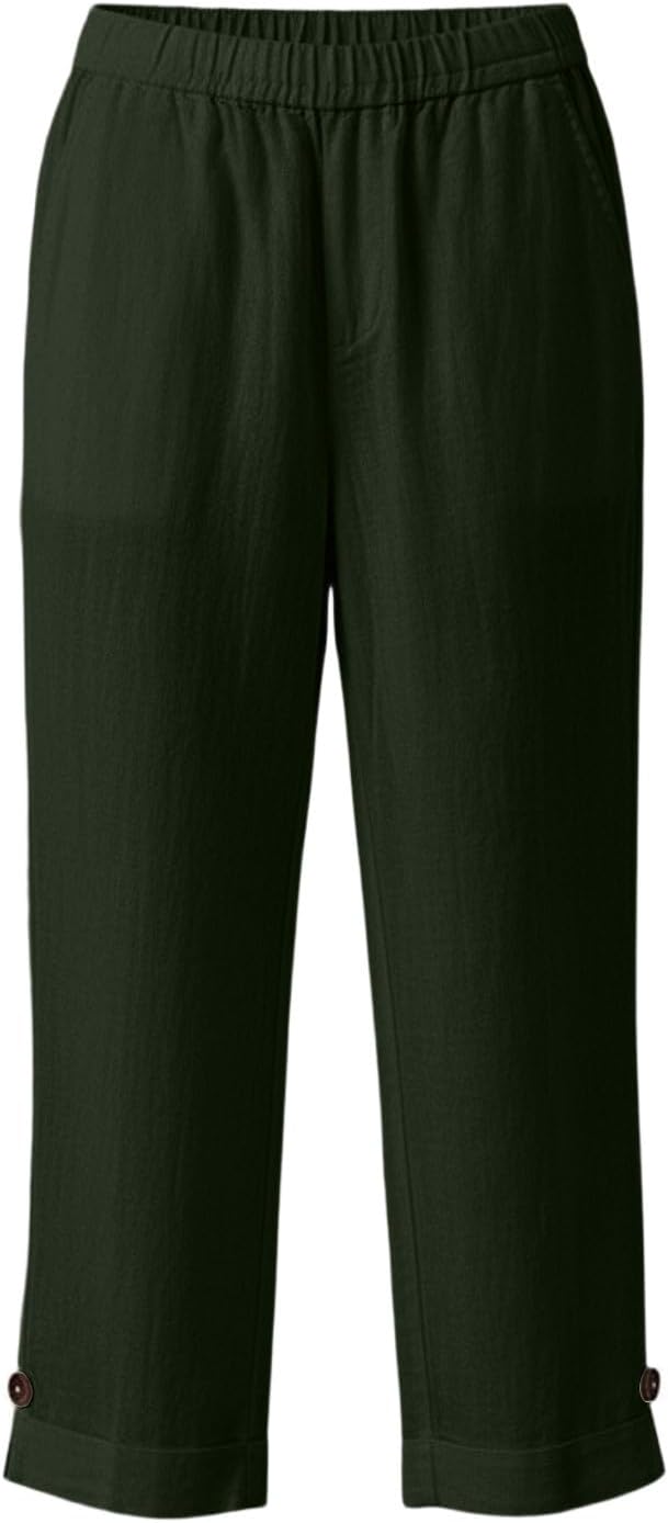 Straight Leg Capri Pants Womens Casual Summer Cotton Stretch Waist Pant Loose Comfy Beach Capris Slacks with Pockets