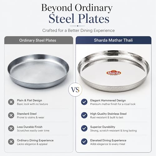 Image of Sharda Metals Stainless Steel Round Hammered Thali Plates | Elegant Mathar Dinner & Lunch Plates | Traditional Indian Serveware for Home & Kitchen, Dining Table, Festive & Diwali Gifting - Set of 6