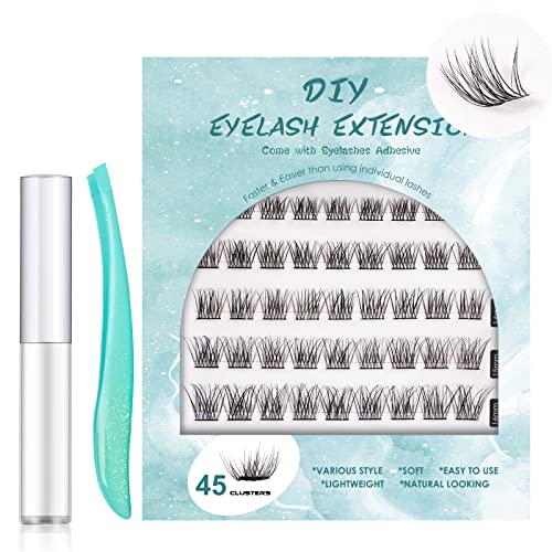 Pestañas Postizas con Pegamento 45 Racimos Extensiones de Pestañas Individuales Lashes Clusters Natural Blando Suave Negro Reutilizable Eyelash Extension Pestañas Postizas 10/12/14/15/16mm(DM04)
