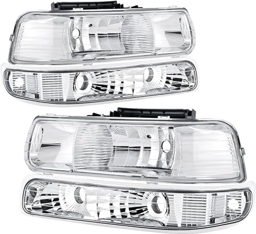 Reinko Headlights Assembly Compatible with 1999 2000 2001 2002 Chevy Silverado 2000 2001 2002 2003 2004 2005 2006 Chevy Suburban Tahoe Chrome Housing Clear Lens Headlamp with Bumper Lights 4Pcs
