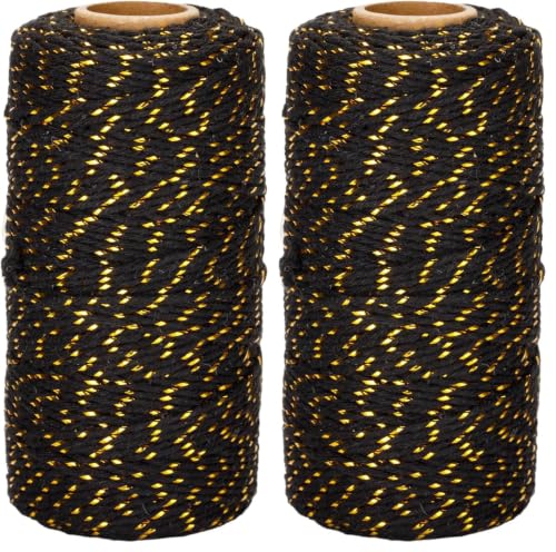 Image of jijAcraft 328Ft Twine String, 2MM Black Gold Christmas Cotton String, Bakers Cotton Twine, Heavy Duty Crafts String for Gift Wrapping, Greeting Cards, Hanging Photo (Pack of 2)