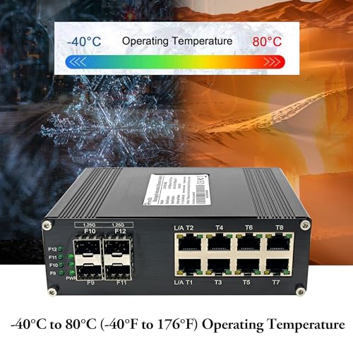 Image of Industrial 12 Port Gigabit Ethernet Switch, L2+ Managed 8 Port Hardened Fiber Switch with 4 SFP Slots, IP40 Rated, Support 12~48V DC, Wide Operation Temperature (- 40F -176 F) for Harsh Environments