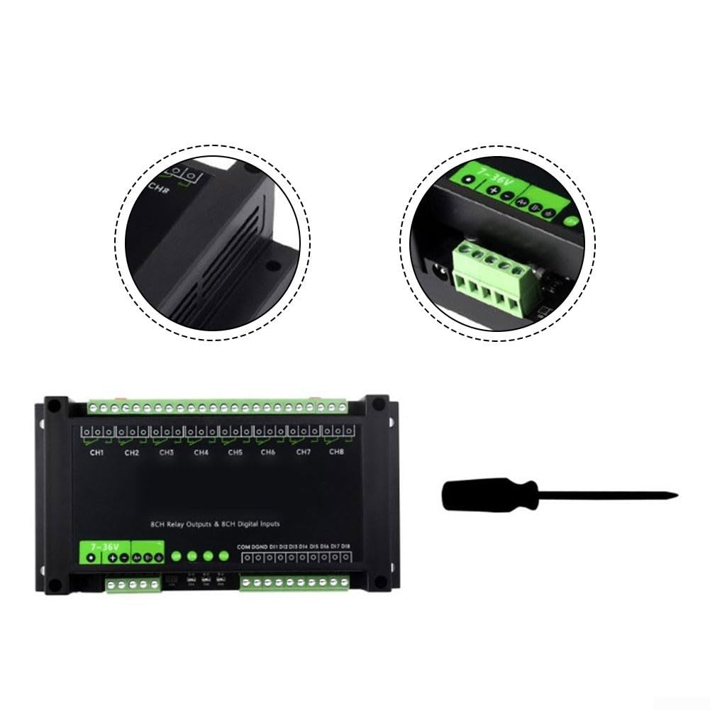 Modulo relè a 8 canali con RS485 per MODBUS RTU, 7-36V DC, 8 ingressi digitali Isolamento accoppiatore ottico, montaggio su guida DIN per controllo intelligente di automazione