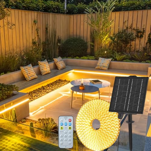 Gaoxun Solar LED Strip Außen, 15m 960 LED Outdoor Streifen IP68 Wasserdicht mit Fernbedienung, Dimmbar, 8 Modi, Flexibel LED Leiste für Garten, Veranda, Balkon, Pavillon, Regenschirm Deko, Warmweiß