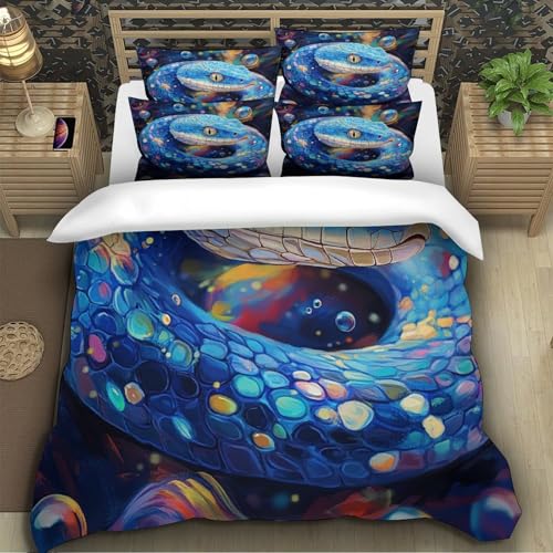 Housse de couette serpent bleu 3D microfbre 135x200 pour lit simple