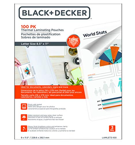Black + Decker TimeShield Thermal Laminating Pouches, Letter - 100 Pack (LAMLET3-100)