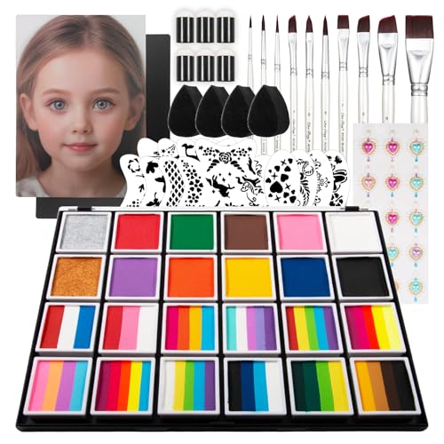 Depvision Face Painting Kit Professional Non-Toxic Water Activated Face Paint Palette with Brush Stencil Gem Sponge for Halloween Carnivals Costume Body Art