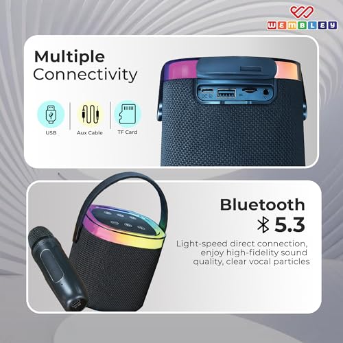 Image of Wembley Karaoke Speaker with Wireless Mic | 5 Voice Modes Mic with Portable Bluetooth Speaker | Splashproof Long Playtime 360 Surround Sound with RGB Lights | Ideal Gift Karaoke System for Home