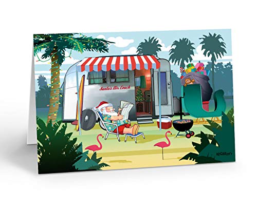 Relaxing in Warm Weather, Santas Camper Christmas Card Set of 18