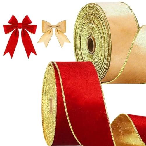 Christmas Wired Ribbon 2 Rolls Wired Velvet Christmas Tree Ribbons with Gold Edge 2.5in X 10 Yard Gold and Red Velvet Ribbons for Gift Wrapping Christma Tree Decorations & Wreaths