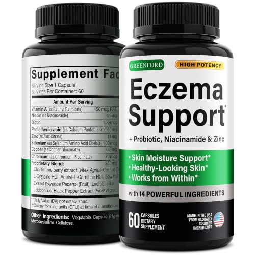 Greenford Eczema Treatment & Support for Natural Relief - Made in USA - Skin Vitamins & Herbals for Eczema Acne Psoriasis Rosacea Treatment with Zinc Niacinamide & Probiotics - 60 caps