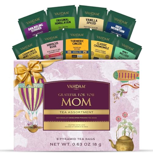 Limited Edition - Mothers Day Gifts for Mom from Son, Daughter | Assorted Tea Gift Set - 9 Tea Variety Pack | Long Leaf Pyramid Tea Bags | Mothers Day Gifts for Mom/Grandmother | VAHDAM