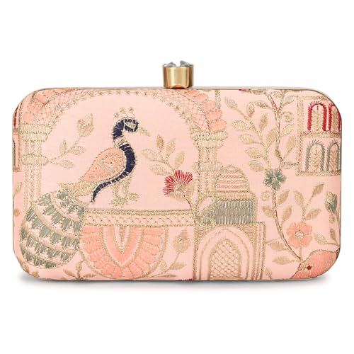 Bolsa de mão de designer com bordado Zari, Pêssego Multi, Small