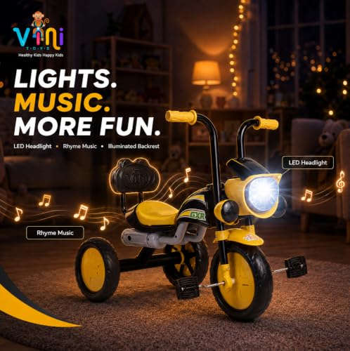 Image of GXR Tricycle for Kids 2 to 5 Years | Baby Cycle 2 to 5 Years | Baby Tricycle & 3 Wheeler Cycle for Kids with LED Headlight, Rhyme Music, EVA Wheels, Backrest & Steel Frame (Yellow)