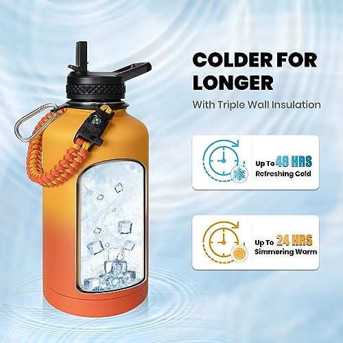 Image of One Gallon Water Bottle Insulated, Triple Walled Vacuum Stainless Steel (Cold for 48 Hrs), Leak Proof & Non-BPA, Large Water Flask Jug with Paracord Handle & Straw Spout Lids