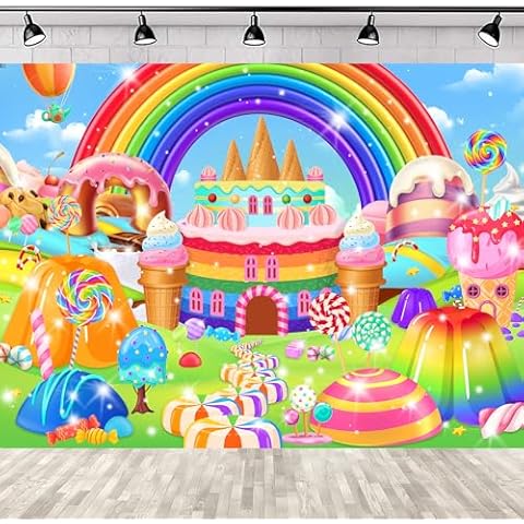 SVBright Candyland Backdrop 7Wx5H Lollipop Backdrop Wonderland Kids Birthday Sweet Candy Banner Girl Cartoon Icecream Castle Rainbow Decorations Photography Background Banner Photo Booth Studio Cover