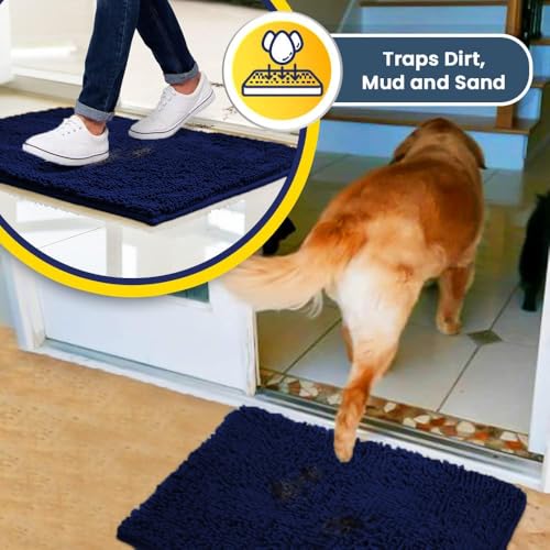 Muddy Mat® AS-SEEN-ON-TV Highly Absorbent Microfiber Dog Door Mat and Pet Rug, Non Slip Thick Washable Area and Bath Mat Soft Chenille for Kitchen Bathroom Bedroom and Indoor - Navy Blue XL 59"X35"
