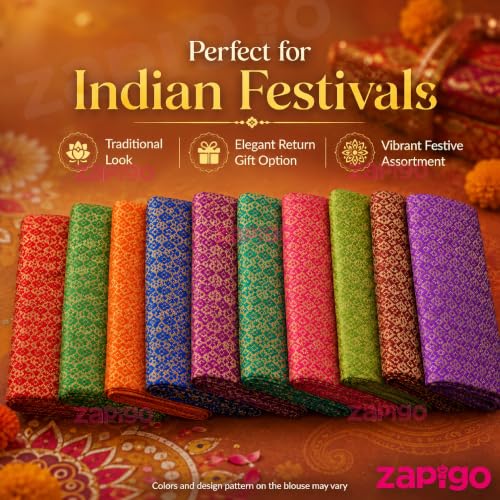 Image of Habba Blouse Piece Set for Women, Silk Blend Free Size Blouse Material, Assorted Colours, Traditional Return Gift for Haldi Kumkum, Pooja, Navratri, Varalakshmi Vratham, Wedding & Indian - Pack of 10
