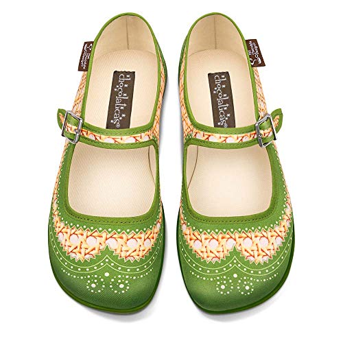 Image of Hot Chocolate Design Chocolaticas Funky Canvas Women's Mary Jane Flat Shoes, Havana Rattan Green, 3 UK