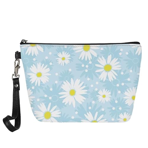 Borsa da trucco da donna stile bohémien con motivo floreale borsa da viaggio per cosmetici con funghi da bagno con cerniera in finta pelle Margherita bianca. Organizer per borse