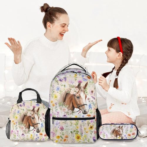 School Backpack with Lunch Box Set for Kids, 3Pcs Horse Backpacks Matching Combo for Girls, Cute Bookbag and Pencil Pouch Bundle for Elementary2