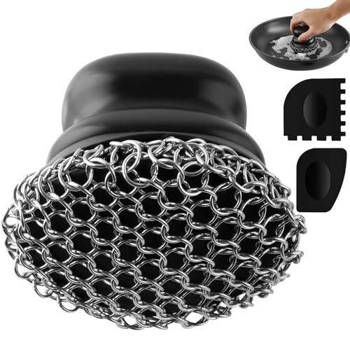 Rascador para sartenes de Hierro Fundido, Limpiador de ollas con 2 rascadores, Cepillo de Limpieza de Malla metálica para Platos, ollas, sartenes, planchas, Parrillas (Negro Puro, Platos Grandes)