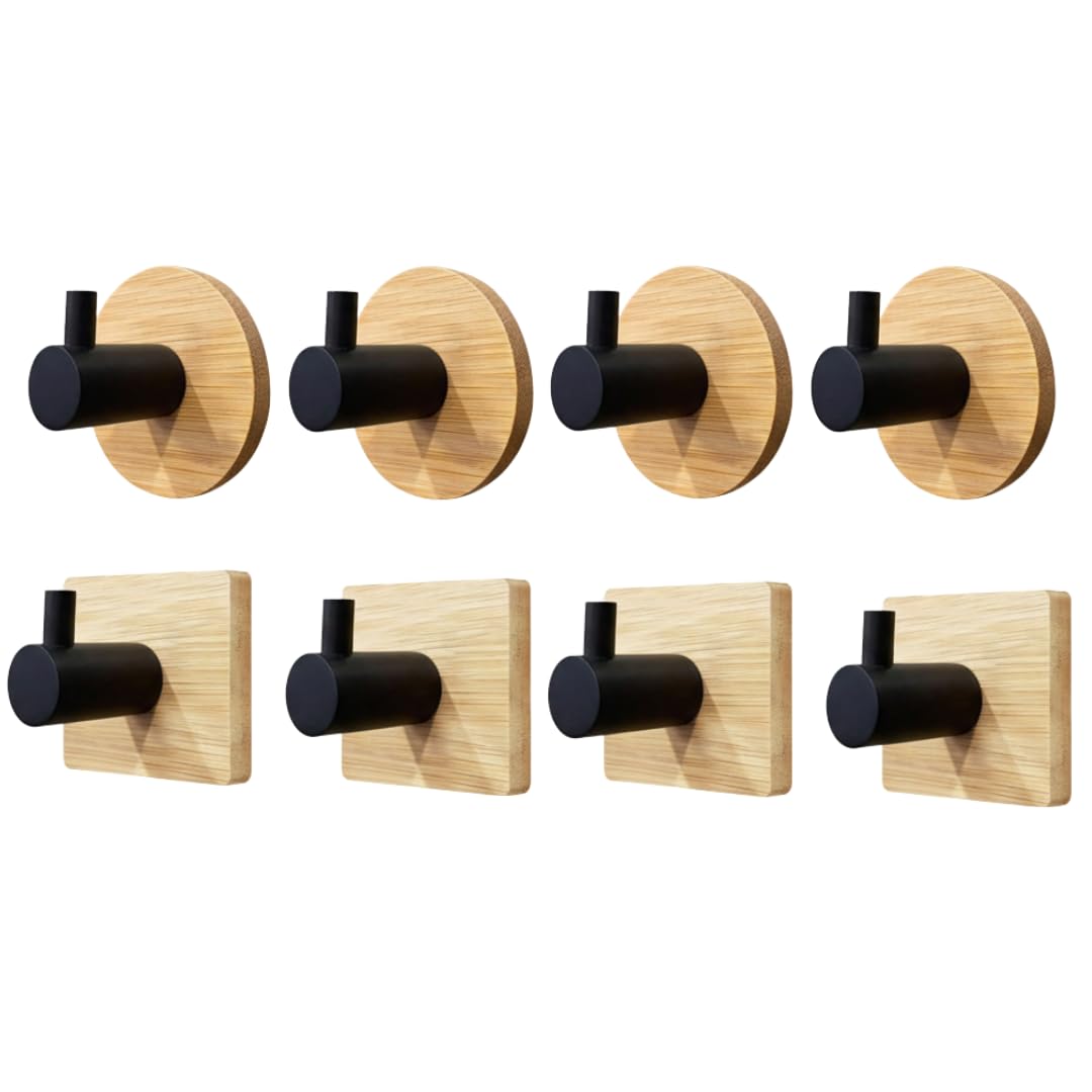 Colgadores adhesivos resistentes, 8 piezas colgador toalla baño, ganchos para colgar, percheros pared madera para colgar sin agujeros, toalleros de baño sin taladro, colgador madera de bambú