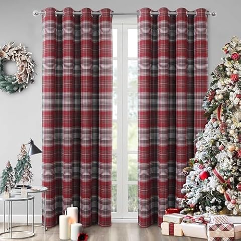 always4u Burgundy Check Eyelet Curtains Pair Cover