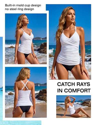 Image of RELELCIGA Women's Tankini Top V Neck Ruched Tummy Control Bathing Suit Top