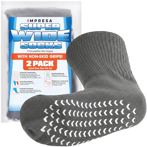 IMPRESA Super Wide Grip Socks for Men and Women– Extra Wide Non-Slip Diabetic Socks for Swollen Feet & Ankles - Big & Tall Edema Socks with Grippers - Soft, Stretchy Fit for Wide Calves - 2 Pack Gray