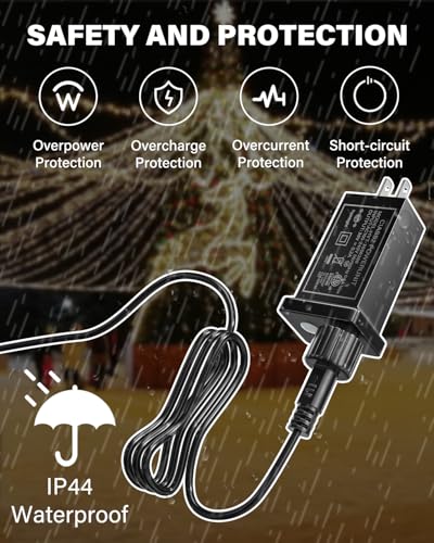 Image of Lustaled 30V Class 2 Power Supply with 5M Extension Cord, 6W Waterproof IP44 LED Transformer Replacement for Christmas String Light Inflatable Decors with 8 Modes, Timer Function