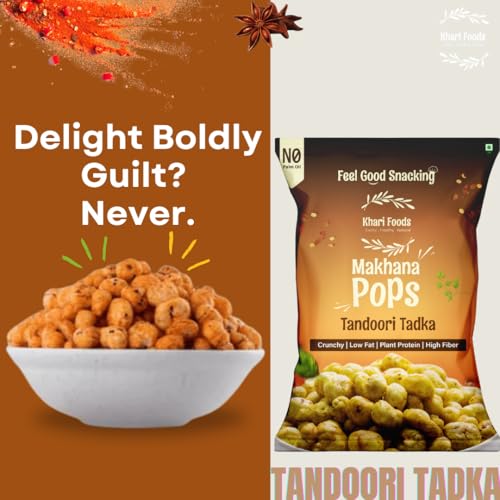 Image of Khari Foods Premium Flavoured Makhana 25g, Crunchy & Roasted Makhana Pops, Protein Source, Fibre Rich, No Palm Oil, Gluten Free (Tandoori Tadka Pack 4)
