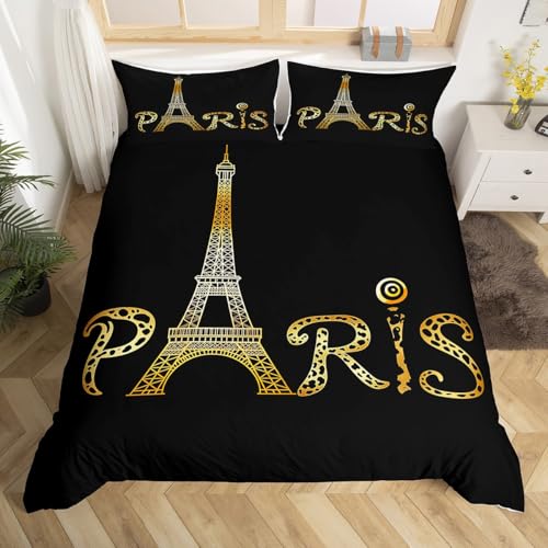 Famous Urban Paris View - Juego de funda de edredón (no edredón) Super King, funda de edredón con estampado de leopardo dorado con purpurina y 2 fundas de almohada, juego de ropa de cama para