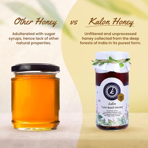 Image of KALON 100% Natural Tulsi Basil Honey | NMR Tested | No Added Sugar and Preservatives | Mild Herbal Flavour with Little Sweetness - 300 gm