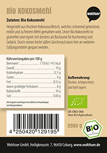 Foto von Wohltuer Bio Kokosmehl 2000g + In Rohkostqualität + Von Kleinbauernkooperative in Permakultur erzeugt