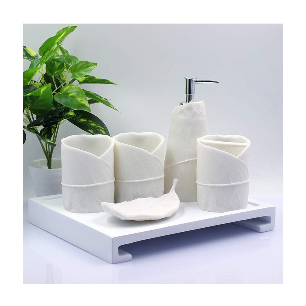 Estilo Moderno Blanco Juego de Accesorios de Baño de Resina Conjunto de Baño con Porta Cepillo de Dientes, 2 Tazas, Dispensador de Jabón Líquido, Jabonera, Diseño de la Hoja,with Tray