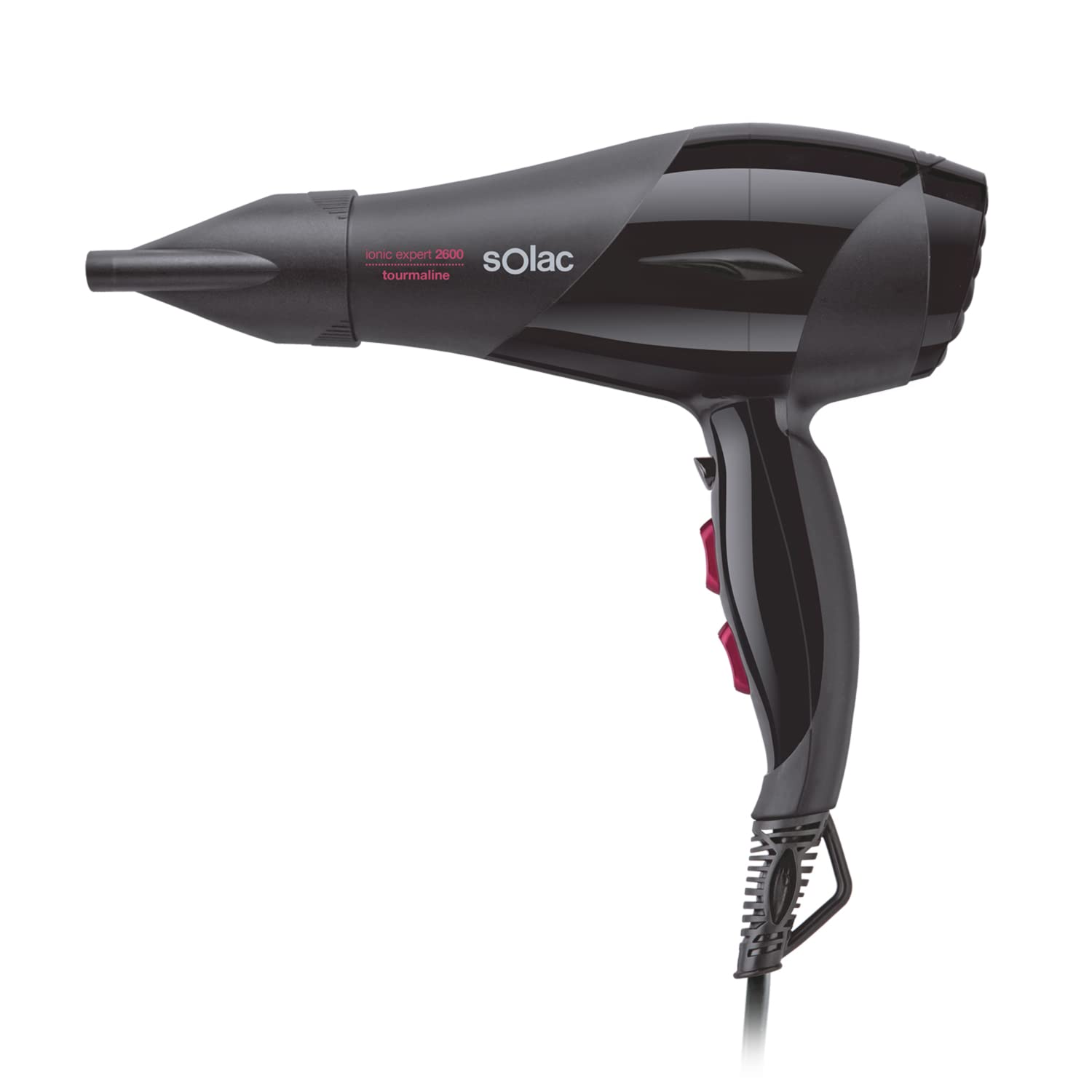 Solac - Secador de pelo profesional Tourmaline 2600W | 2 velocidades | 3 temperaturas | Botón aire frío | Motor AC | Protección Turmalina | Función iónica | 2 Accesorios: Concentrador Y Difusor