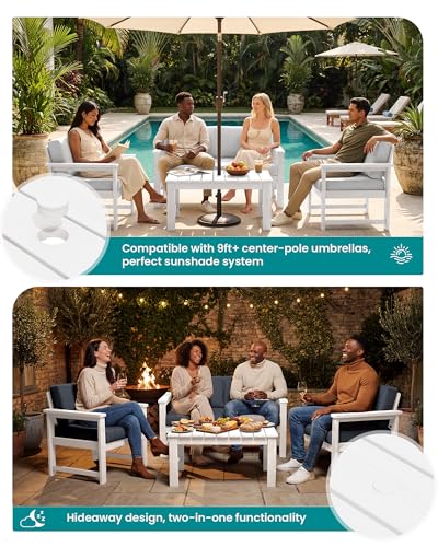 Image of SERWALL 8 Pieces HDPE Outdoor Conversation Sofa Set with Cushion | All Weather Couch Loveseat Furniture Set with Pads, Outdoor Social Sofa Coffee Table Set, White Frame with Grey Cushions