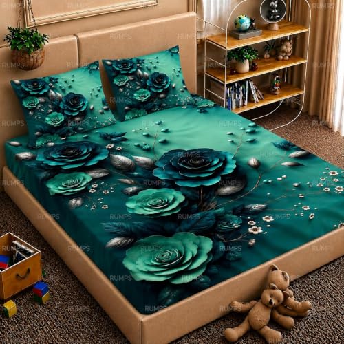 Image of RUMPS 3D Digital Printed Double Bedsheet Flat | Premium Knitted Cotton MicroFabric 90x100 Inch Bed Sheet with 2 Pillow Covers, Cute Cartoon Blue Bird (7D Digital Green)