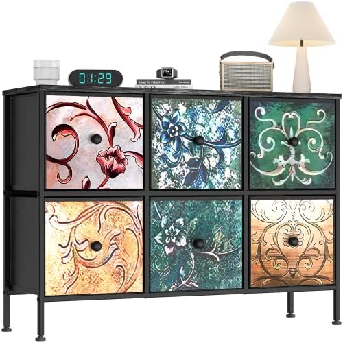 YILQQPER Dresser for Bedroom with 6 Drawers, Wide Dresser for Closet, Living Room, TV Stands, Kids, Nursery, Chest of Drawers with Sturdy Steel Frame, Fabric Bins, Wood Top (Floral Painted)