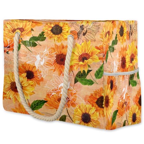 Large Beach Tote Bags for Women Sunflower Retro Flower Waterproof Sandproof Shoulder Bags Swim Pool Purse with Zipper Beach Vacation Essentials for Summer Swim Pool Travel Gifts