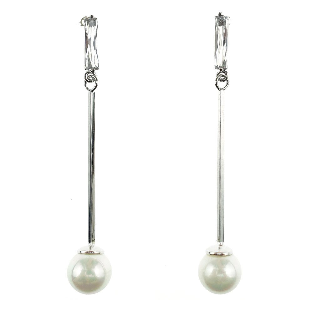 (MADE IN ES ) Women's Pendule pearl & Zircon Series All starts String latin Vintage Royal & classic Queen Drop Earring,L 5.5CM Silver