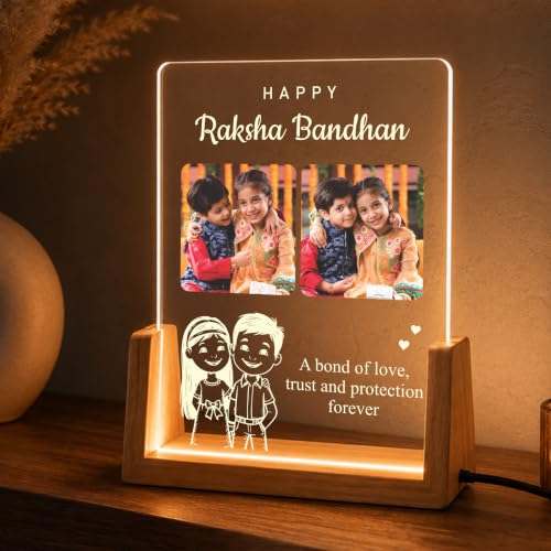 Image of Giftplease Personalized Raksha Bandhan LED Acrylic Photo Frame with Custom Pictures, Brother Sister Memory Lamp, Wooden USB Table Decor, Engraved Name Quote Plaque, Family Festival Display