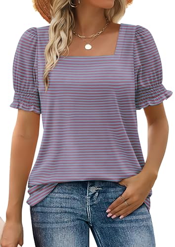 WIHOLL Tshirts Shirts for Women Summer Short Sleeve Dressy Square Neck Vacation Clothes Tops Business Casual Outfits Blue Pink Stripe XL