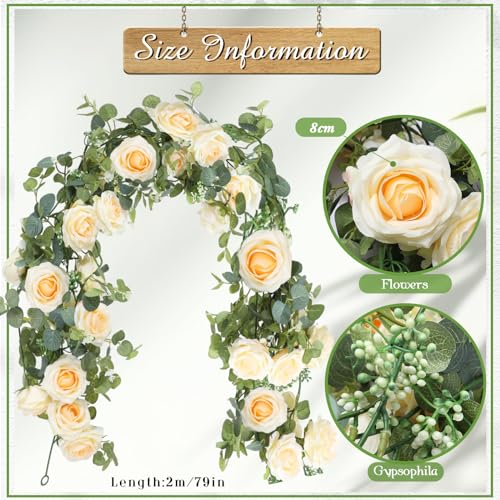 Riceshoot 4 Pack 26 Ft Artificial Eucalyptus Vines Garland with Flowers Flower Garland Silk Floral Garland Rose Garland for Wedding Party Arch Table Decor Backdrop Decorations (Champagne)