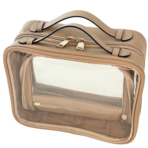 JAZD Clear Makeup Bag Toiletry Bag for Women Cosmetic Case Large Capacity Travel Make Up Bag Organizer Transparent Storage Compartment TSA Approved (BEIGE)