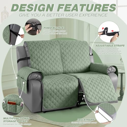 Image of TAOCOCO 100% Waterproof Recliner Covers, Recliner Sofa Covers with Leg Straps, Reversible Recliner Couch Cover for Reclining Chair, Washable Couch Protector for Pets Kids(2 Seater, Sage Green)