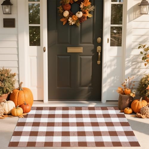 PIXFAIRY Buffalo Plaid Area Rug 3x5 Ft, Brown White Indoor Outdoor Rug